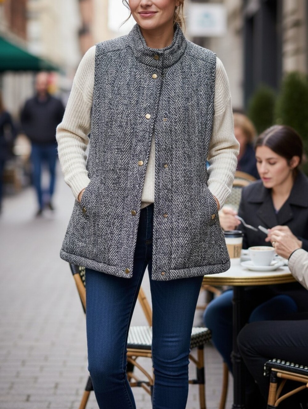Merona Women’s Herringbone Button Front Vest Pockets Lined Black/White 2XL